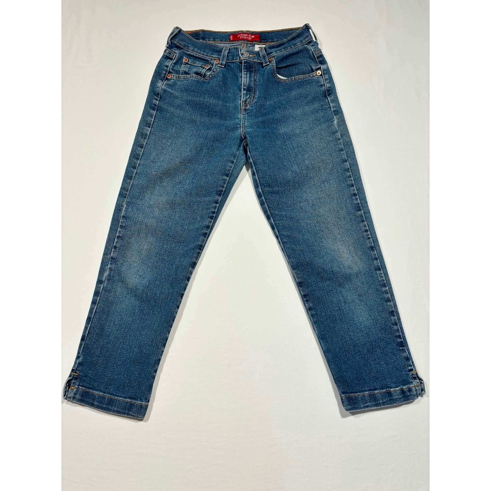 Levis Classic Slim Stretch Jeans Medium Wash Blue Denim Side Slit Size 6 MIS